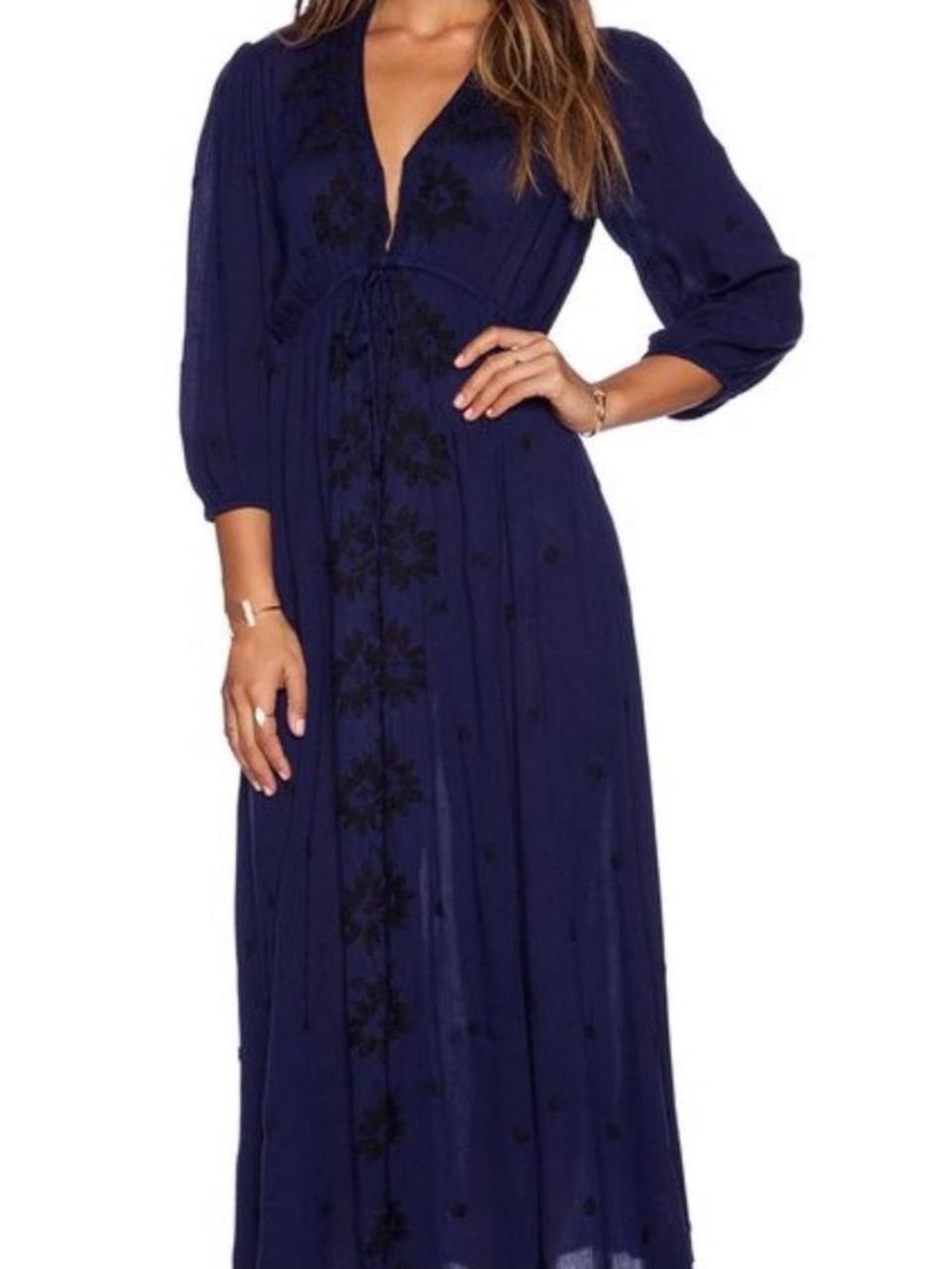 Free People - Boho Navy Floral Embroidered Maxi Dress - Size L